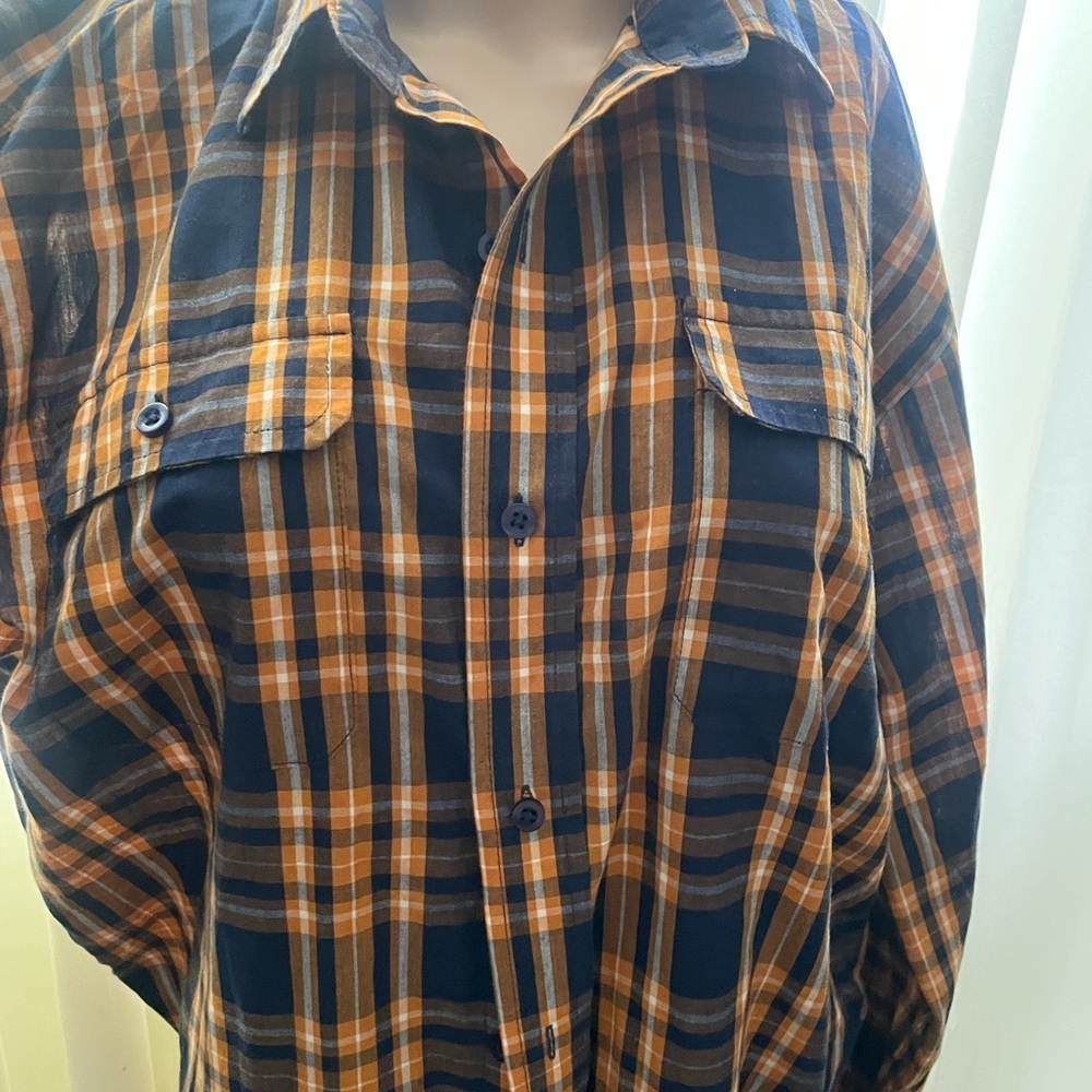 Casual Men's Plaid Button-Down Shirt - Navy and Orange